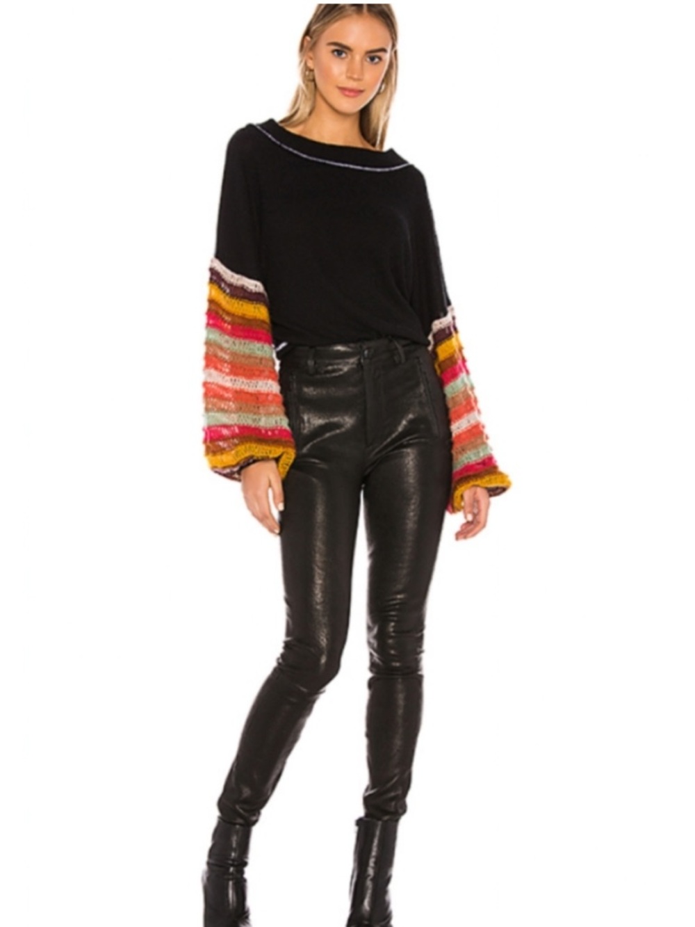 We The Free Cha Cha Ballon Knit Sleeve Sweater Size Small Black